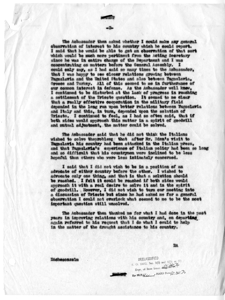 Memorandum of Conversation with Ambassador Vladmir Popovic of Yugoslavia