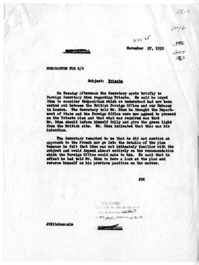 Memorandum of Conversation with Foreign Secretary Anthony Eden of Great Britain
