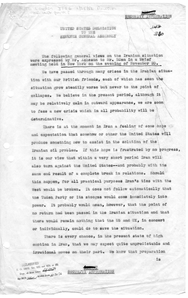 Memorandum of Conversation with Foreign Secretary Anthony Eden of Great Britain