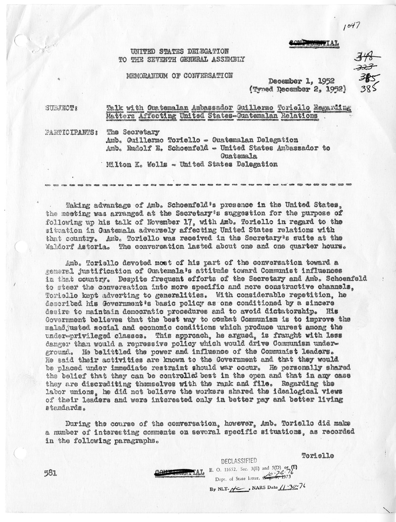 Memorandum of Conversation with Ambassador Guillermo Toriello-Garredo of Guatemala, United States Ambassador to Guatemala Rudolf Schoenfeld, and Milton K. Wells