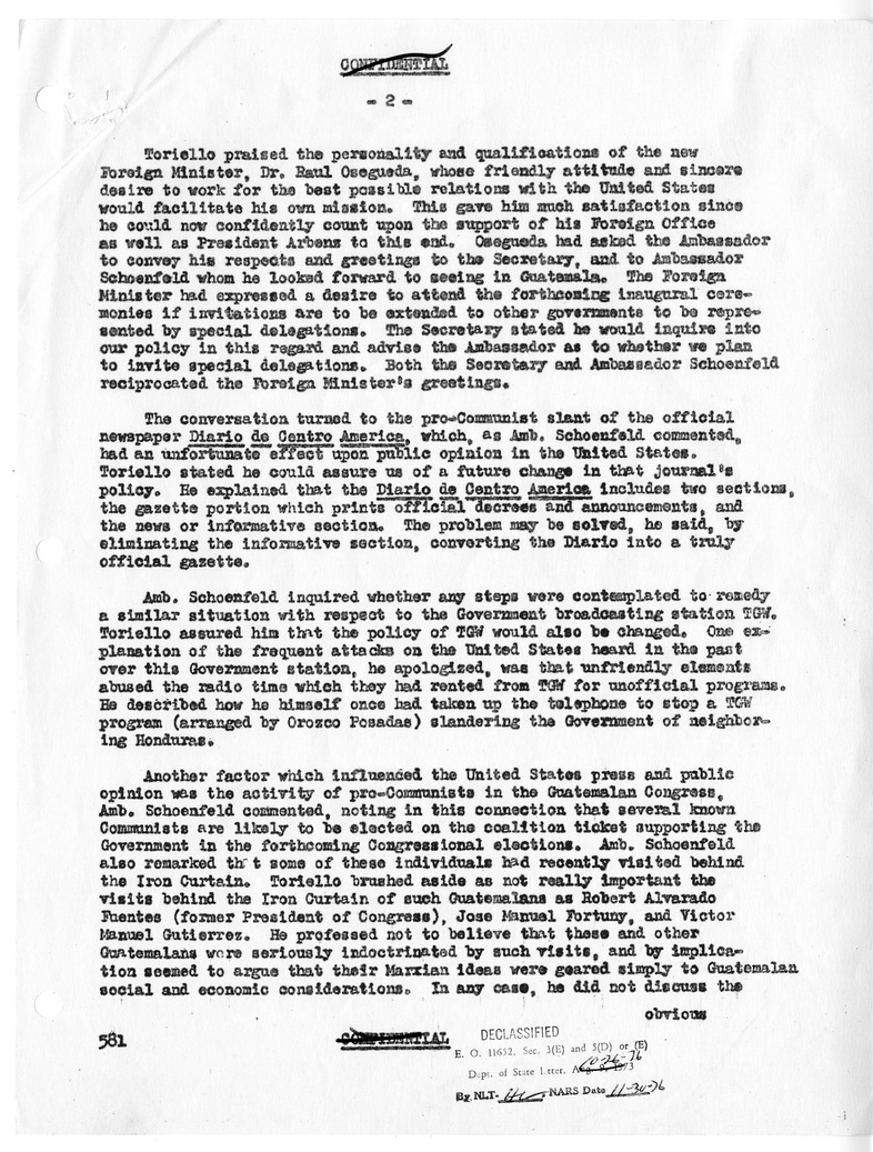 Memorandum of Conversation with Ambassador Guillermo Toriello-Garredo of Guatemala, United States Ambassador to Guatemala Rudolf Schoenfeld, and Milton K. Wells