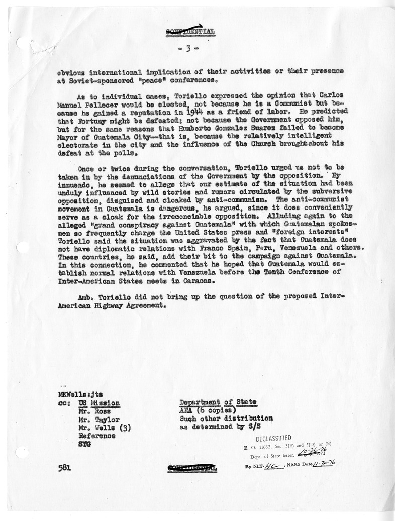 Memorandum of Conversation with Ambassador Guillermo Toriello-Garredo of Guatemala, United States Ambassador to Guatemala Rudolf Schoenfeld, and Milton K. Wells