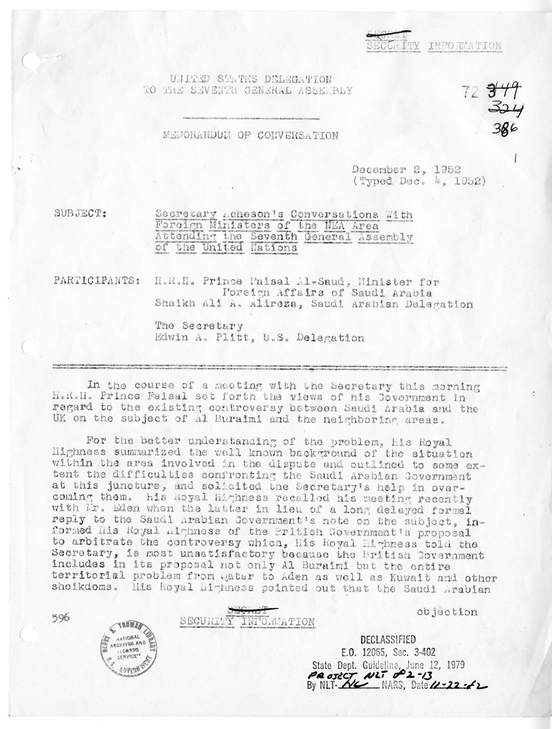 Memorandum of Conversation with Foreign Minister Prince Faisal Al-Saud of Saudi Arabia, Ali A. Alireza, and Edwin A. Plitt