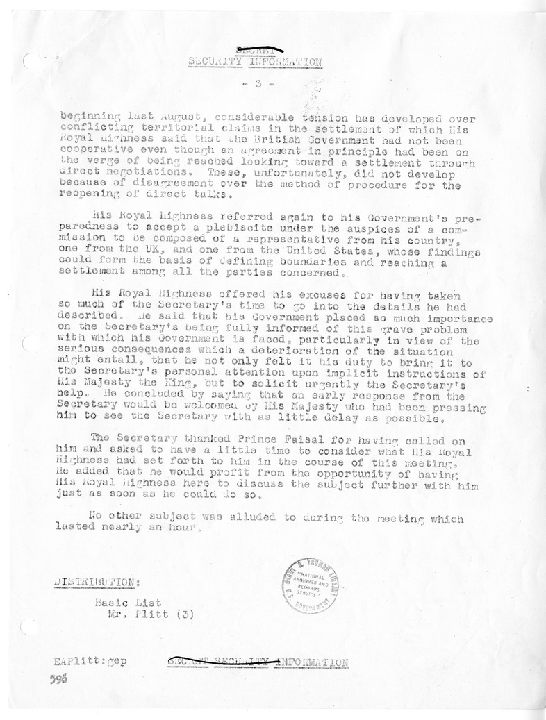 Memorandum of Conversation with Foreign Minister Prince Faisal Al-Saud of Saudi Arabia, Ali A. Alireza, and Edwin A. Plitt