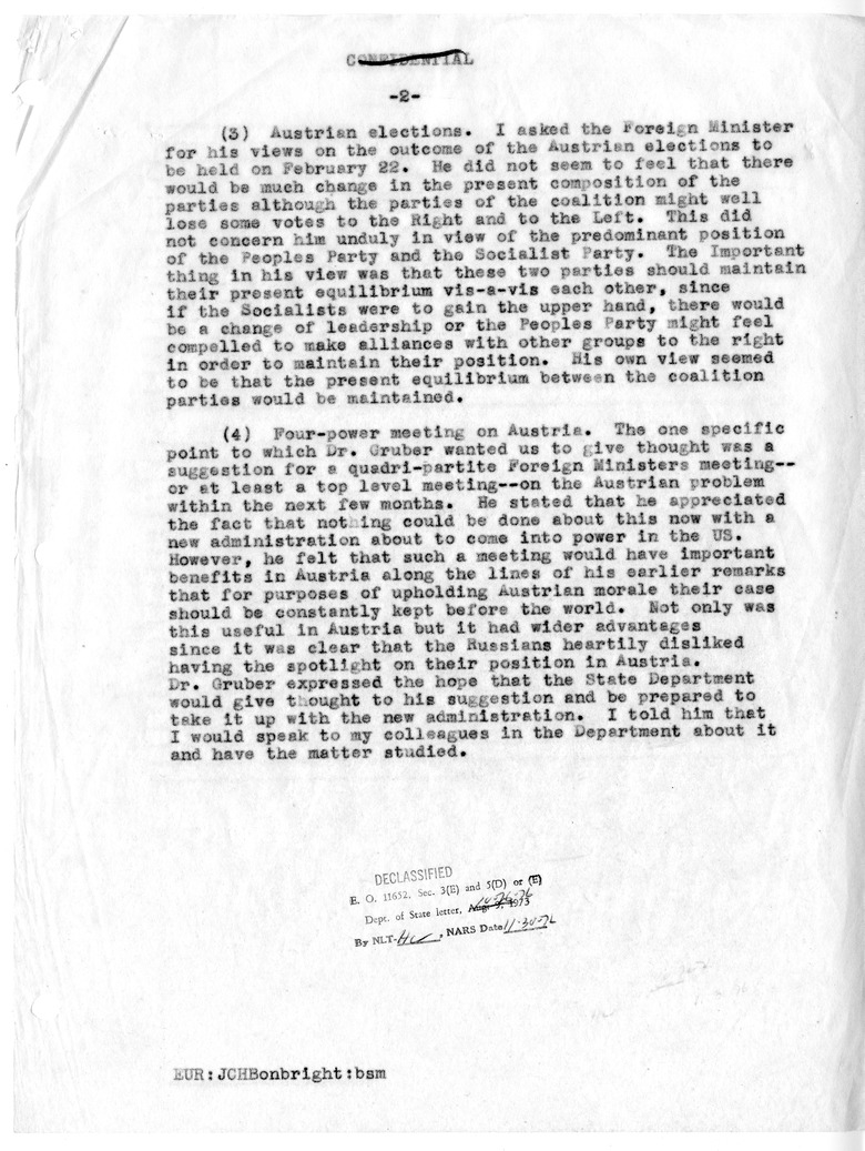 Memorandum of Conversation with Foreign Minister Dr. Karl Gruber of Austria, Ambassador Max Loewenthal of Austria, and James C. Bonbright