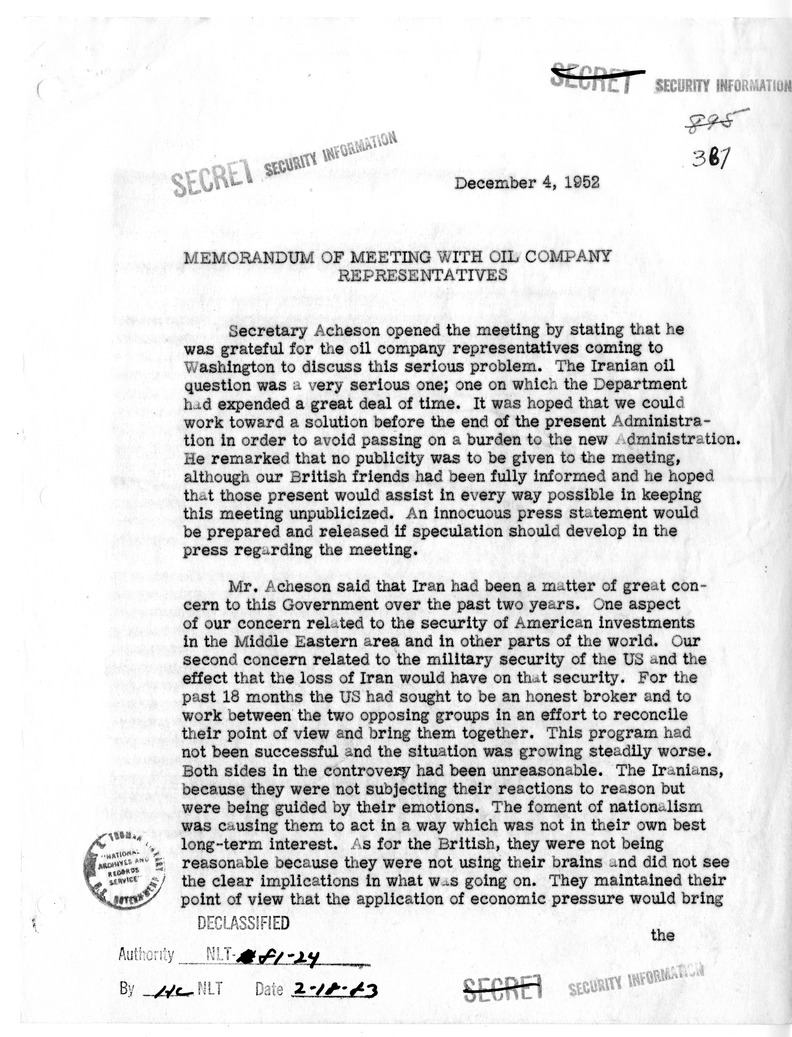 Memorandum of Conversation with a Delegation of Representatives of United States Oil Companies