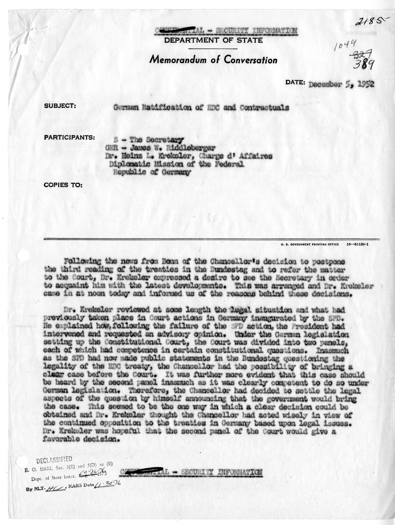 Memorandum of Conversation with Charge d'Affaires Heinz L. Kreckler of the Federal Republic of Germany and James W. Riddleberger