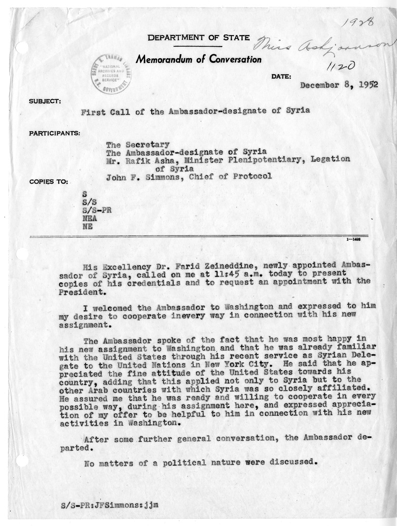 Memorandum of Conversation with Ambassador Dr. Farid Zeineddine of Syria, Minister Rafik Asha of the Legation of Syria, and John F. Simmons