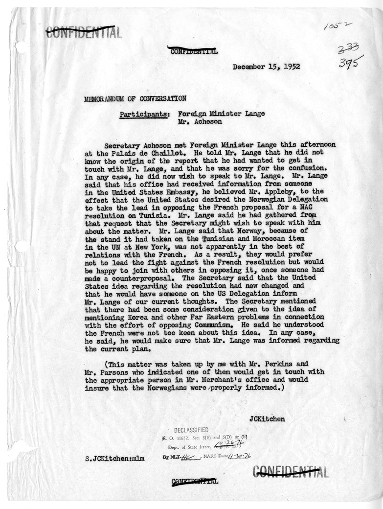 Memorandum of Conversation with Foreign Minister Halvard Lange of Norway