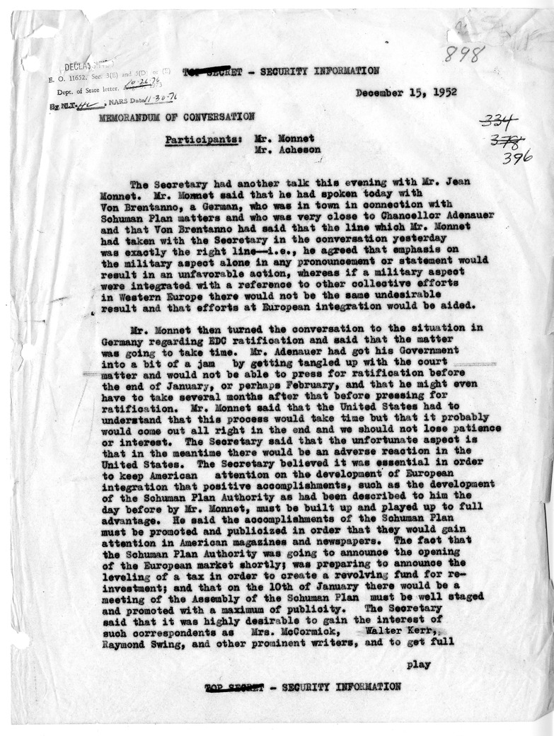 Memorandum of Conversation with Jean Monnet of France