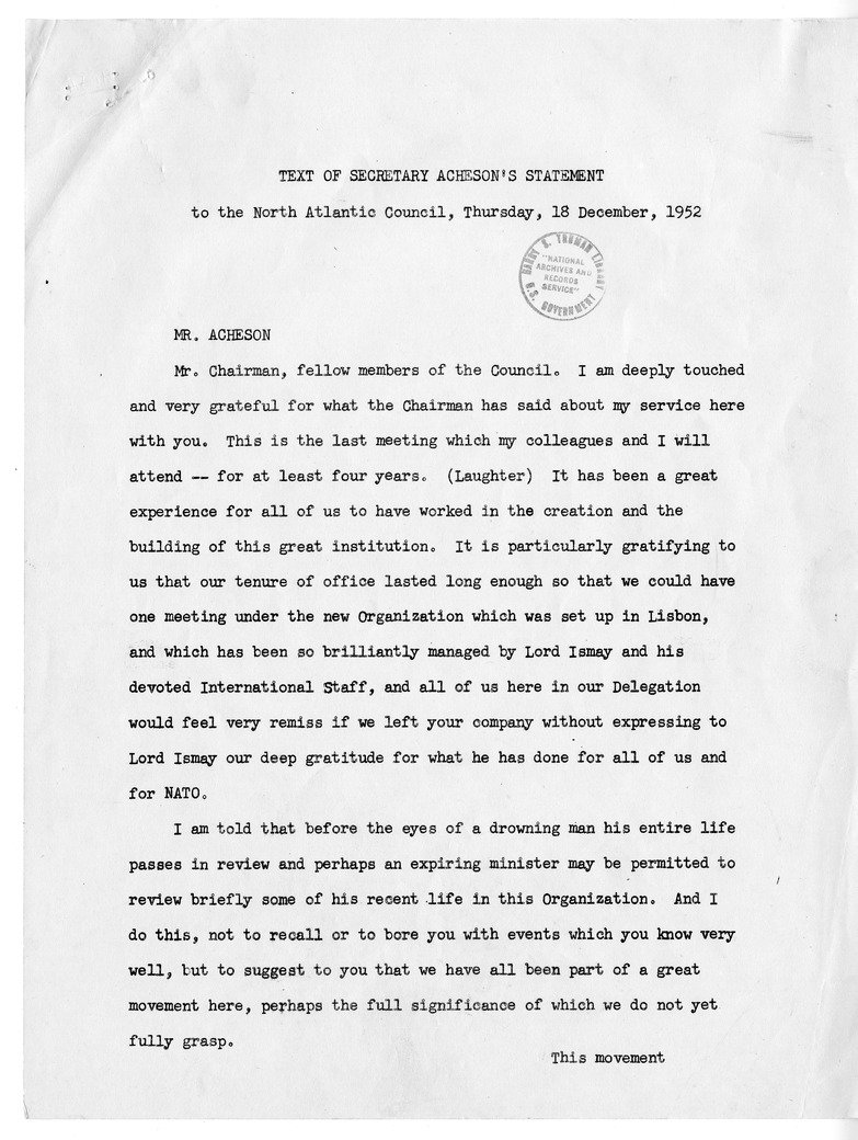 Statement of Secretary of State Dean Acheson to the North Atlantic Council