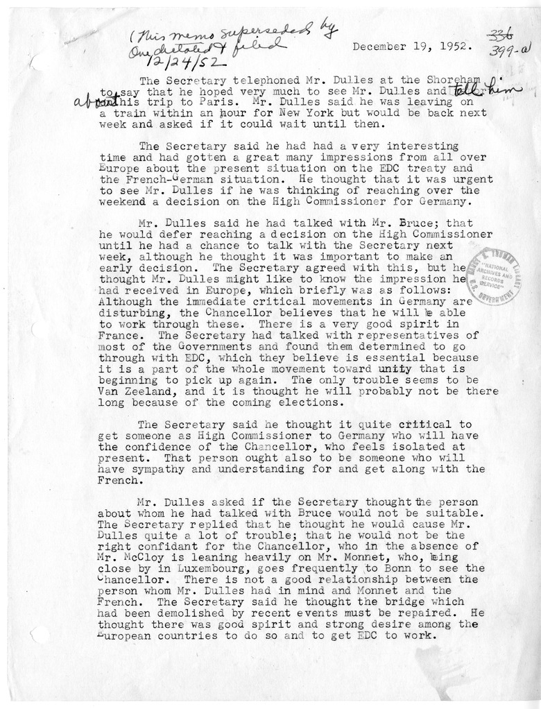 Memorandum of Telephone Conversation with John Foster Dulles