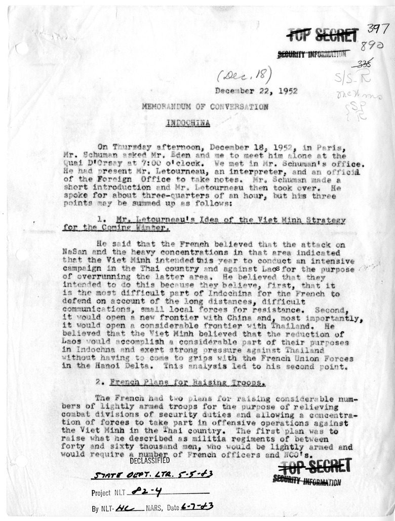 Memorandum of Conversation with Minister of Foreign Affairs Robert Schuman of France, Foreign Secretary Anthony Eden of Great Britain, and Jean Letourneau