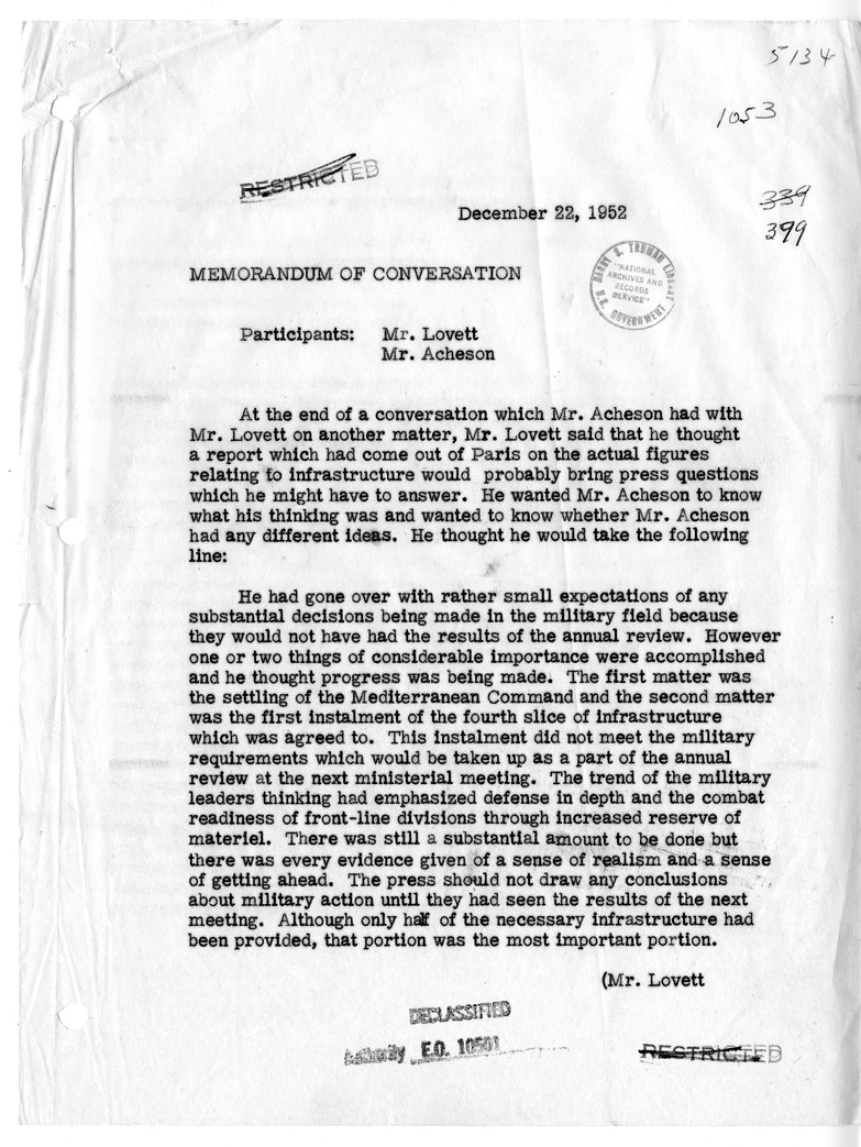 Memorandum of Conversation with Secretary of Defense Robert Lovett