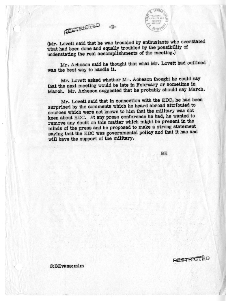 Memorandum of Conversation with Secretary of Defense Robert Lovett