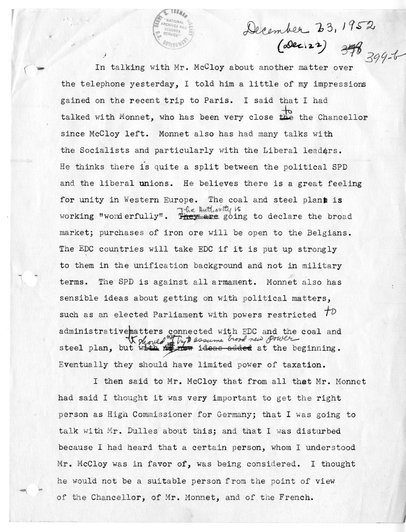 Memorandum of Telephone Conversation with John J. McCloy