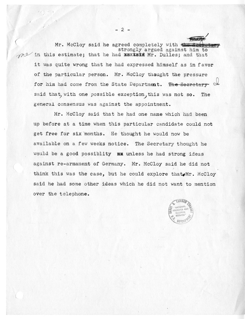 Memorandum of Telephone Conversation with John J. McCloy