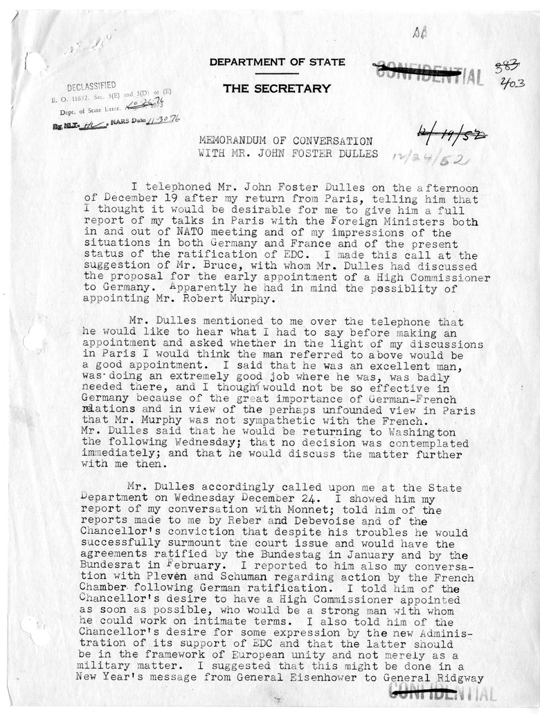 Memorandum of Conversation with John Foster Dulles