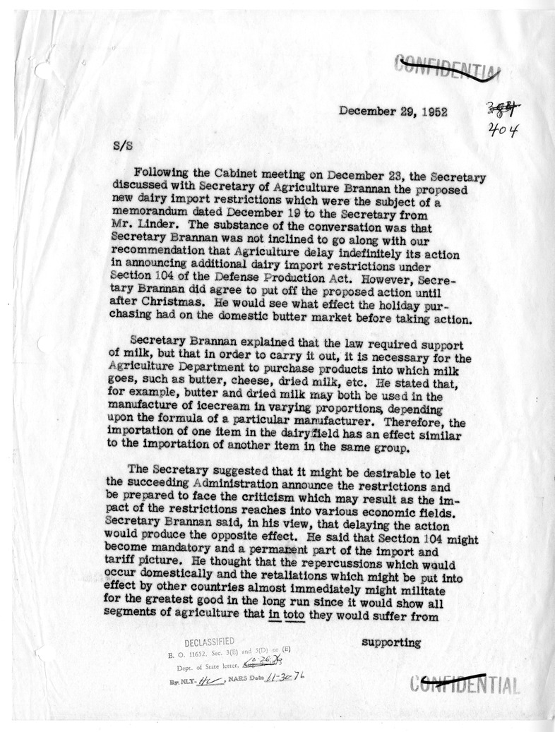 Memorandum of Conversation with Secretary of Agriculture Charles F. Brannan