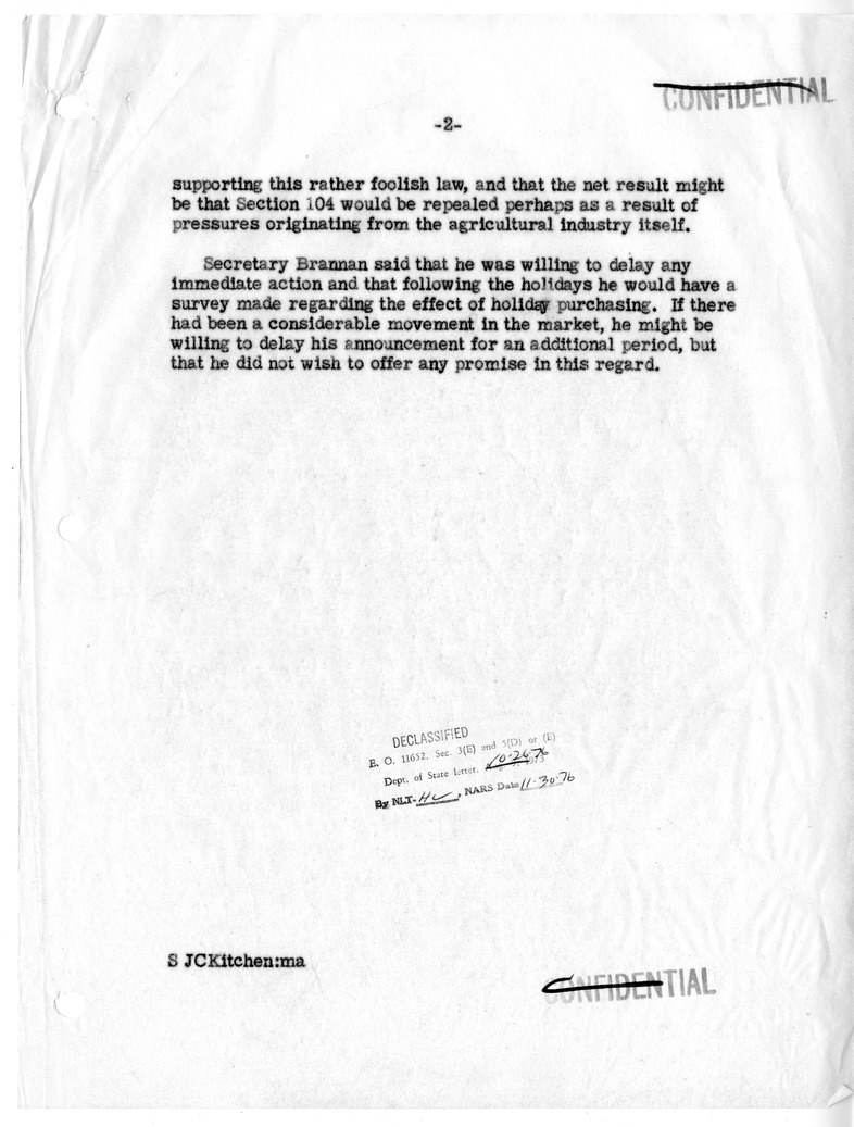 Memorandum of Conversation with Secretary of Agriculture Charles F. Brannan