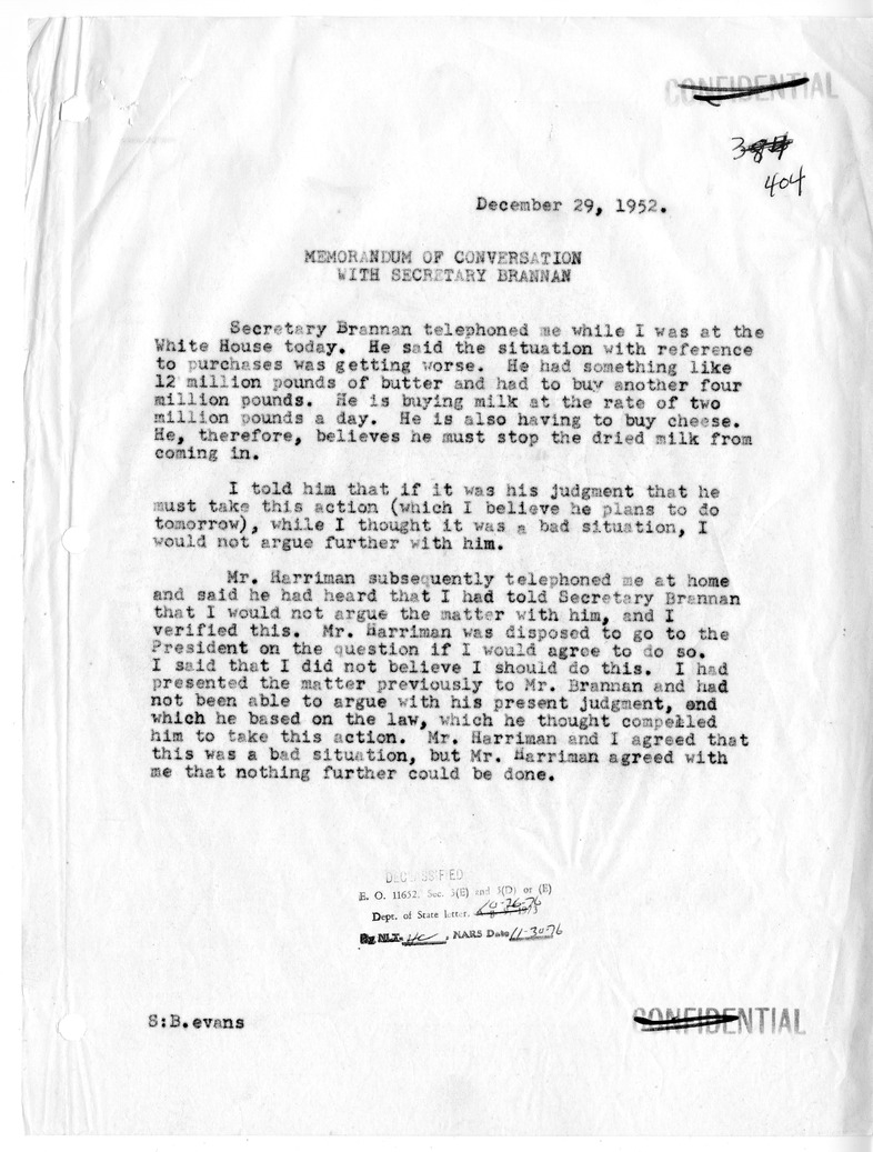 Memorandum of Conversation with Secretary of Agriculture Charles F. Brannan