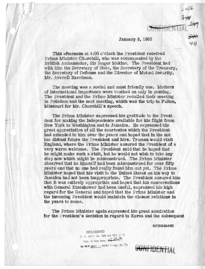 Memorandum of Conversation Between President Harry S. Truman, Prime Minister Winston Churchill, Sir Roger Makins, and Others