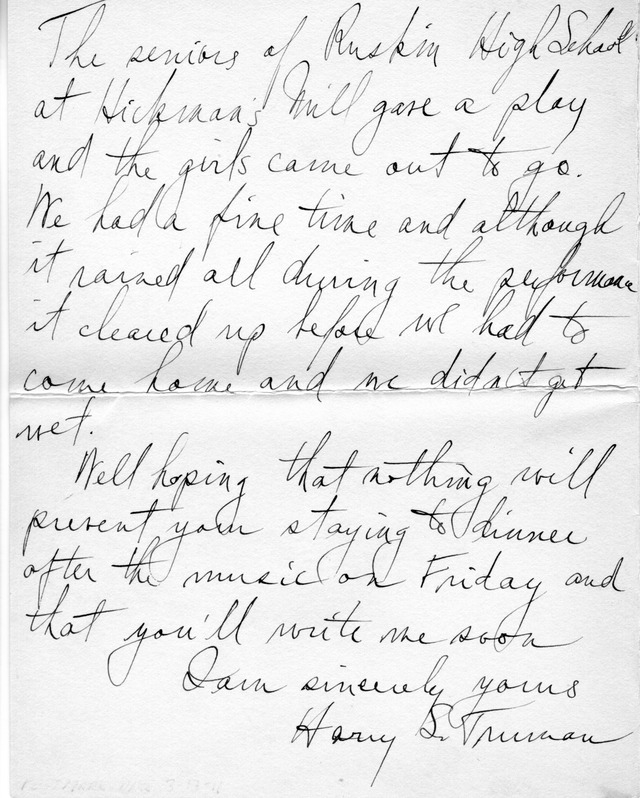 Letter from Harry S. Truman to Bess Wallace