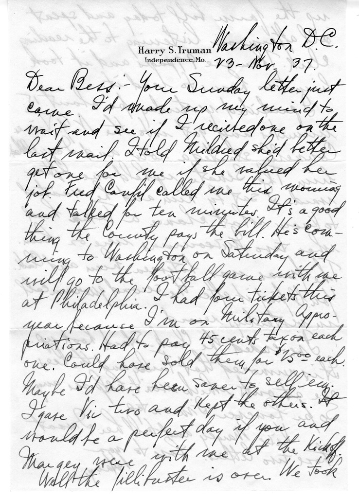 Letter from Harry S. Truman to Bess W. Truman