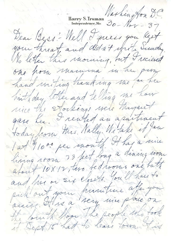 Letter from Harry S. Truman to Bess W. Truman