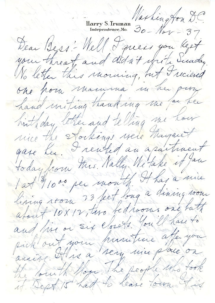 Letter from Harry S. Truman to Bess W. Truman