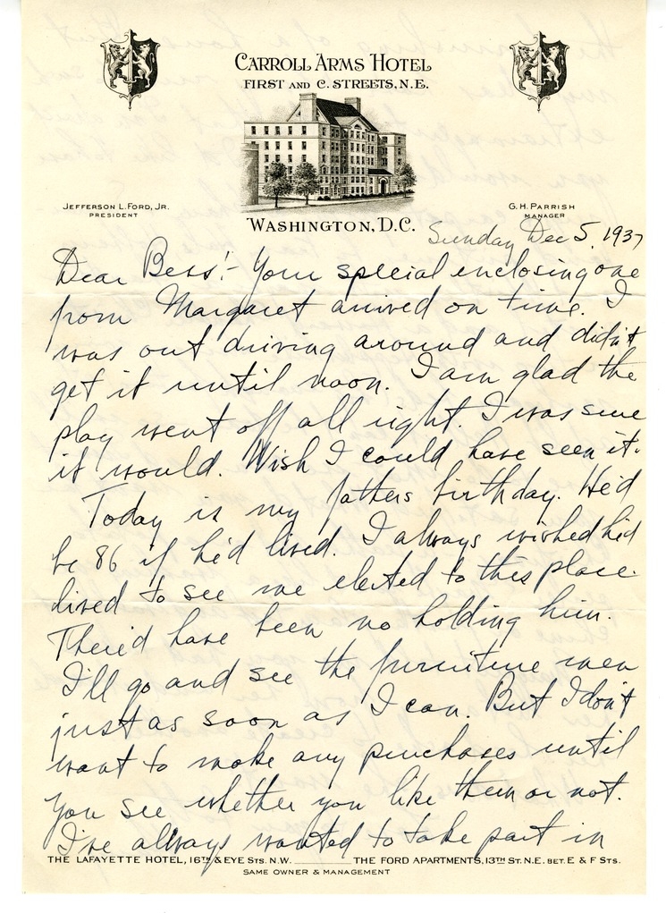 Letter from Harry S. Truman to Bess W. Truman