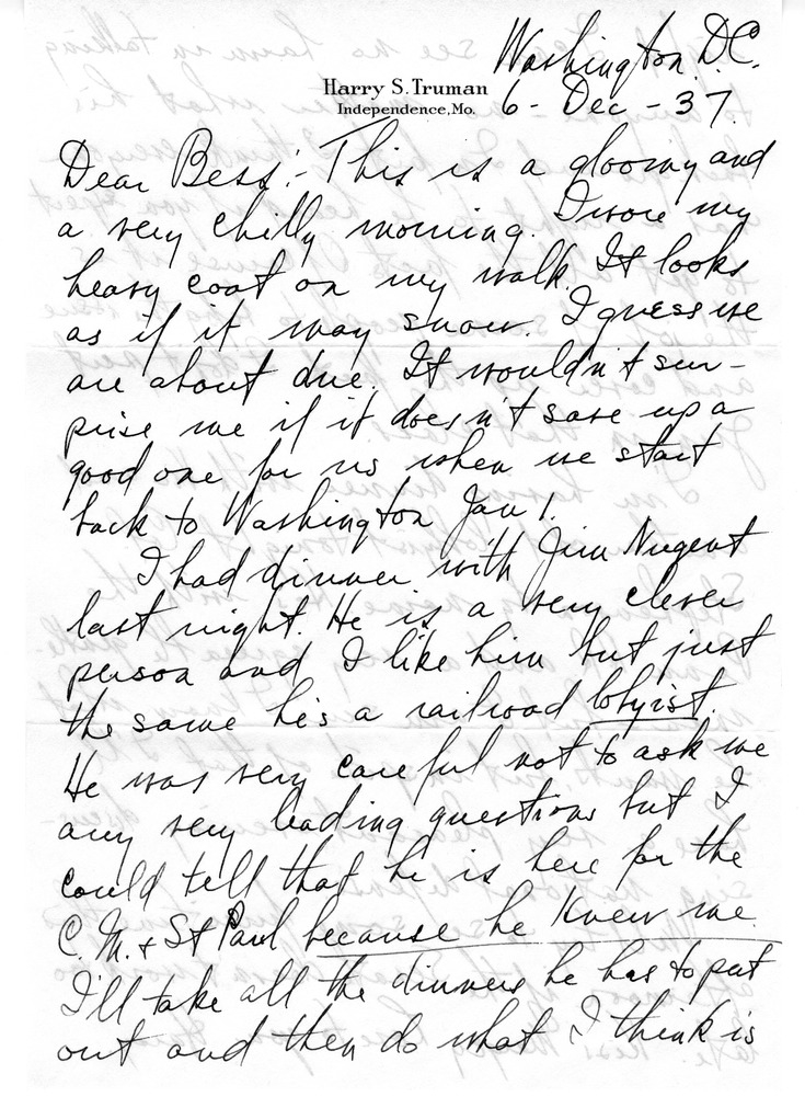 Letter from Harry S. Truman to Bess W. Truman