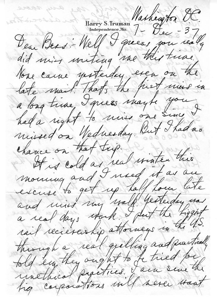 Letter from Harry S. Truman to Bess W. Truman