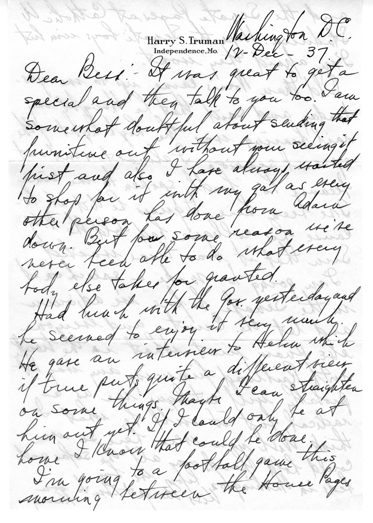 Letter from Harry S. Truman to Bess W. Truman