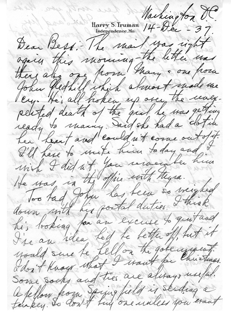 Letter from Harry S. Truman to Bess W. Truman