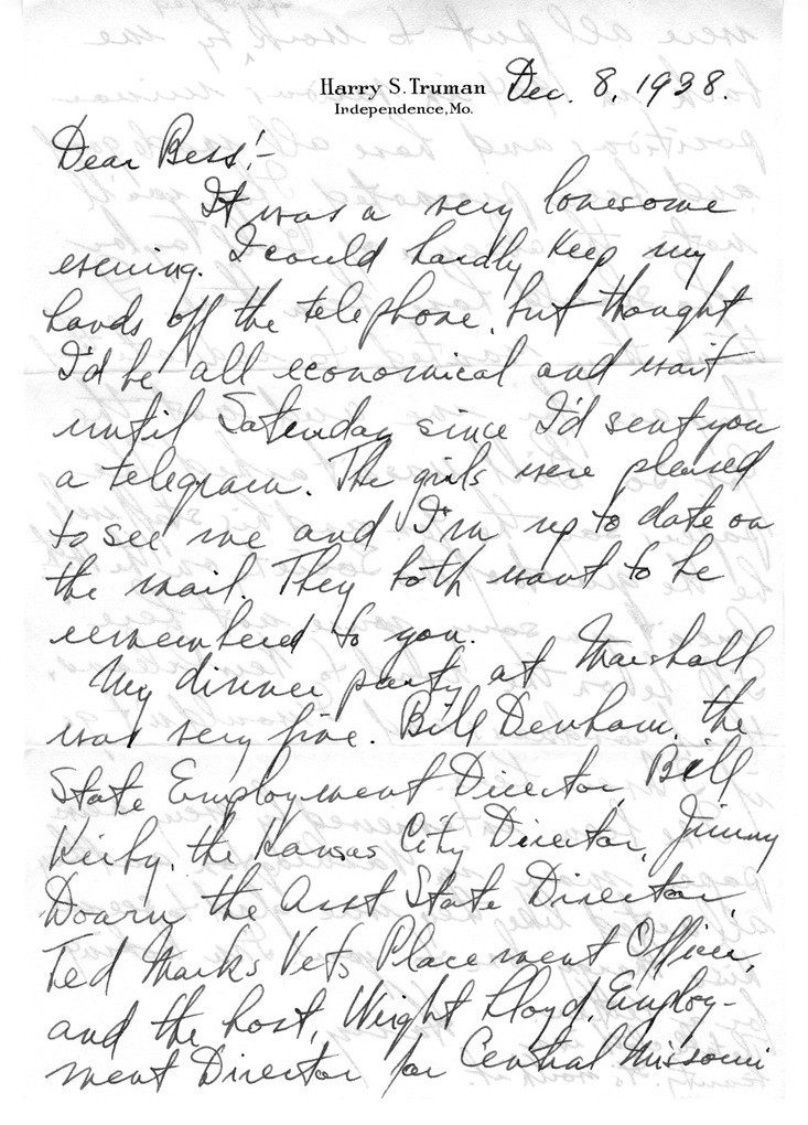 Letter from Harry S. Truman to Bess W. Truman