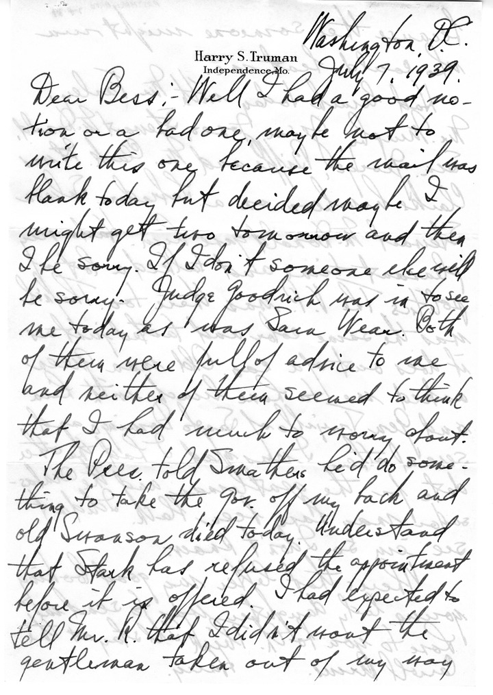 Letter from Harry S. Truman to Bess W. Truman