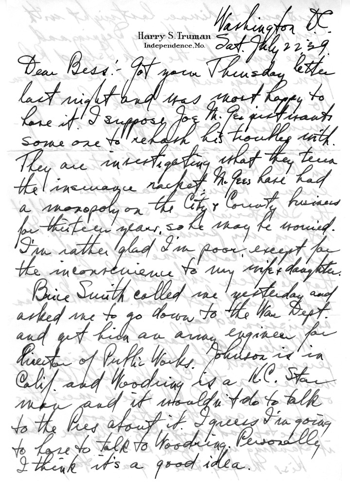 Letter from Harry S. Truman to Bess W. Truman