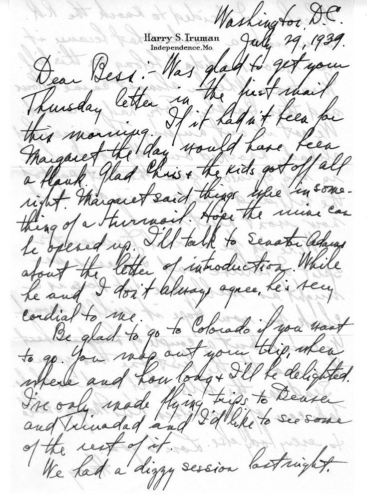 Letter from Harry S. Truman to Bess W. Truman