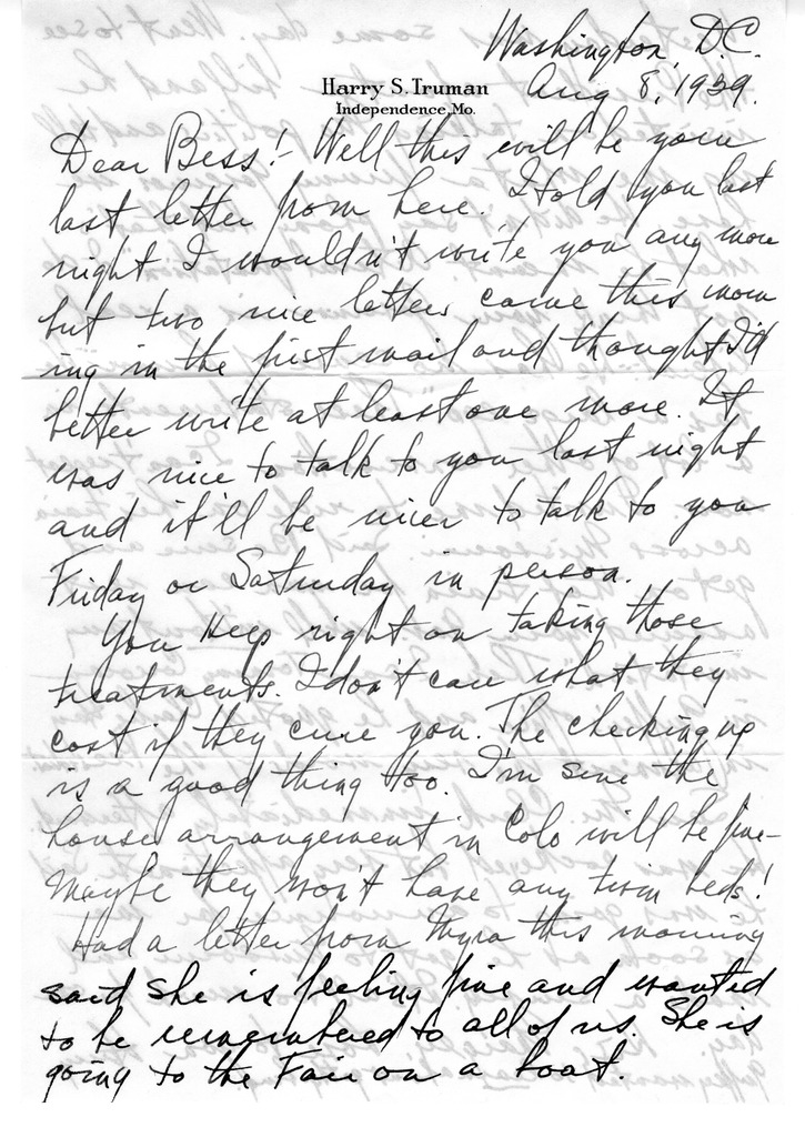 Letter from Harry S. Truman to Bess W. Truman