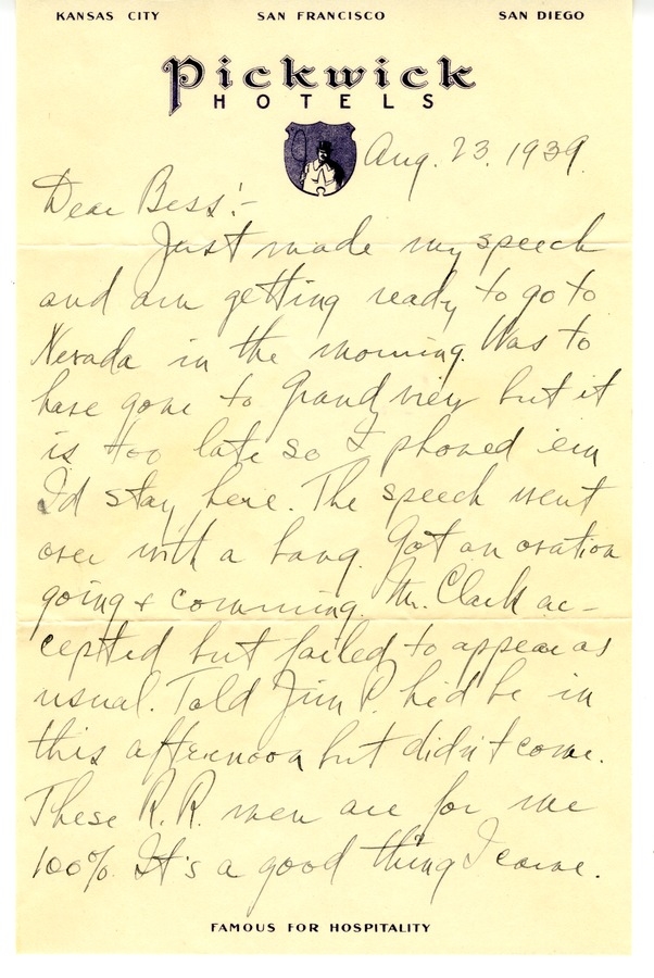 Letter from Harry S. Truman to Bess W. Truman