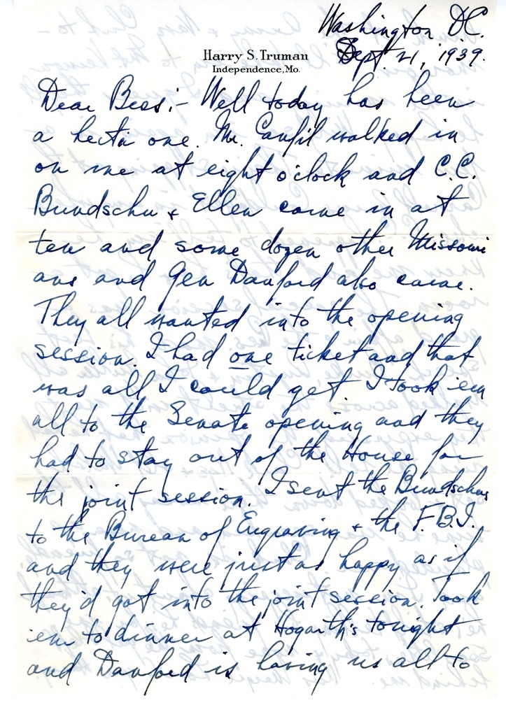 Letter from Harry S. Truman to Bess W. Truman