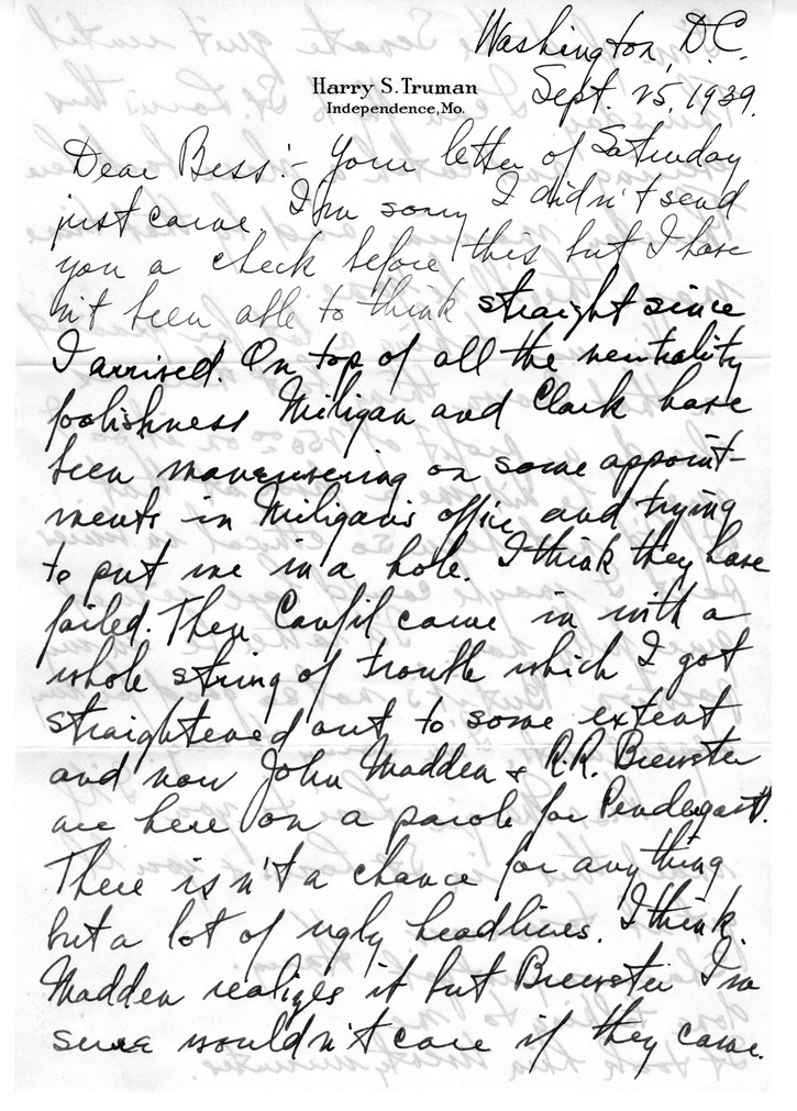 Letter from Harry S. Truman to Bess W. Truman