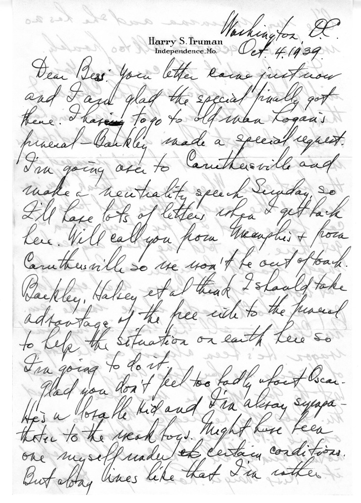 Letter from Harry S. Truman to Bess W. Truman