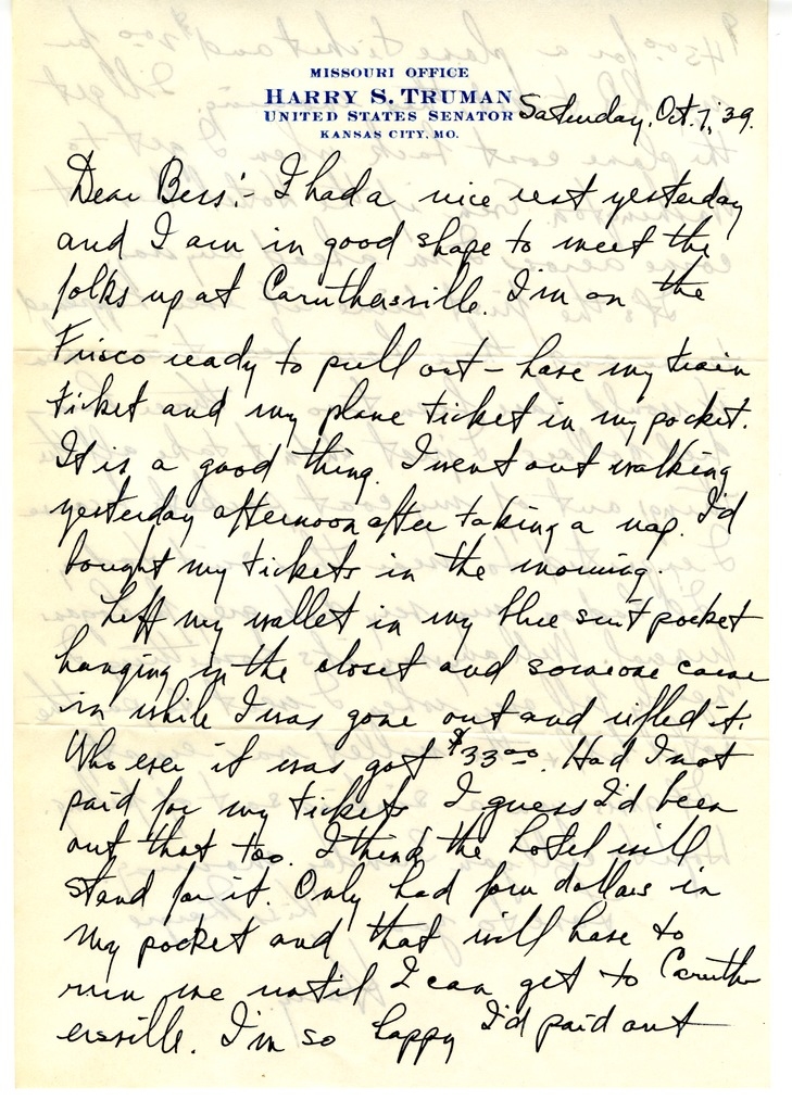 Letter from Harry S. Truman to Bess W. Truman