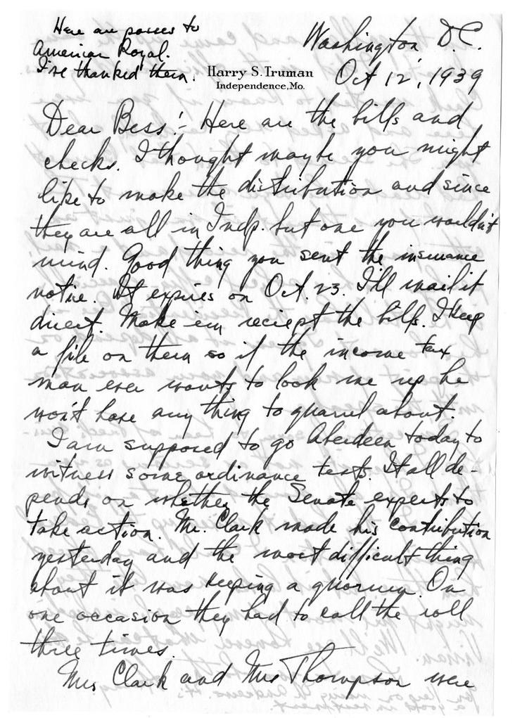Letter from Harry S. Truman to Bess W. Truman