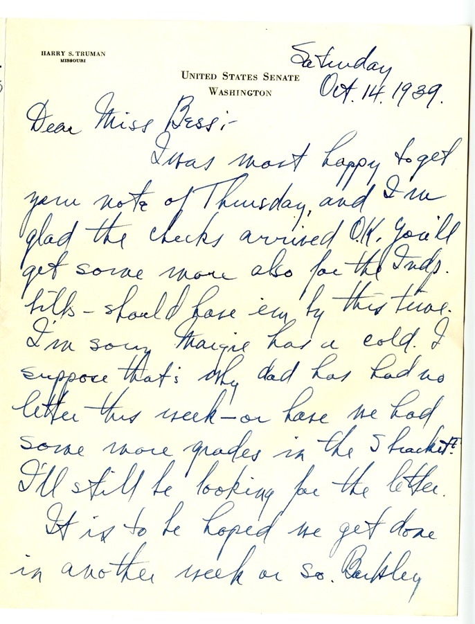 Letter from Harry S. Truman to Bess W. Truman