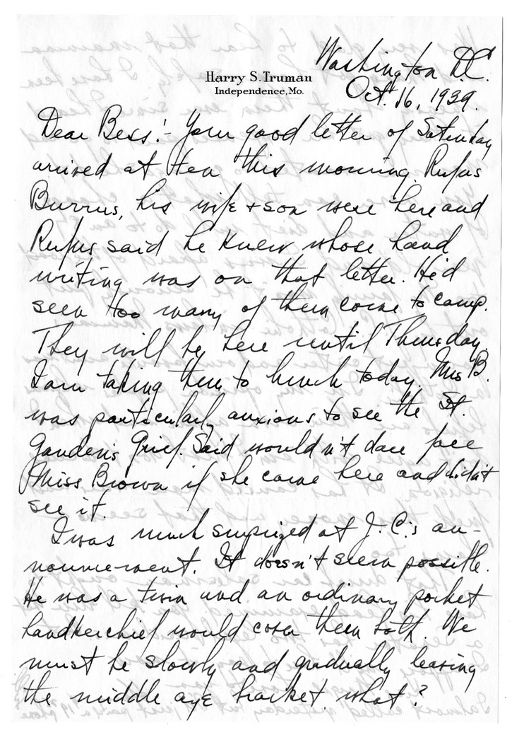 Letter from Harry S. Truman to Bess W. Truman