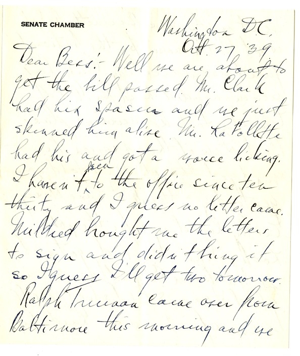 Letter from Harry S. Truman to Bess W. Truman