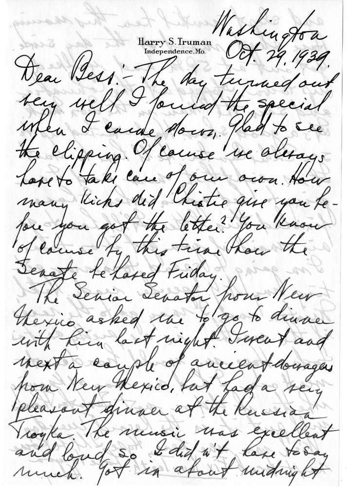 Letter from Harry S. Truman to Bess W. Truman